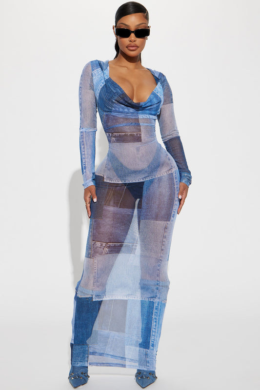 Dayna Hooded Mesh Maxi Dress - Denim